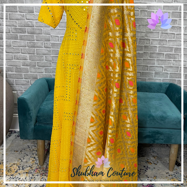 Yellow Mirror long dress with georgette Benarasi dupatta