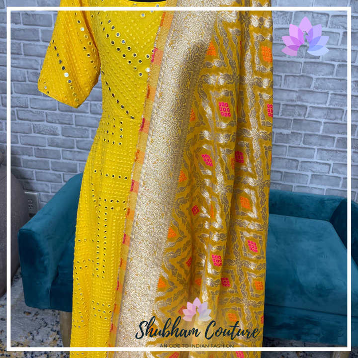 Yellow Mirror long dress with georgette Benarasi dupatta