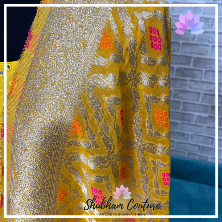 Yellow Mirror long dress with georgette Benarasi dupatta