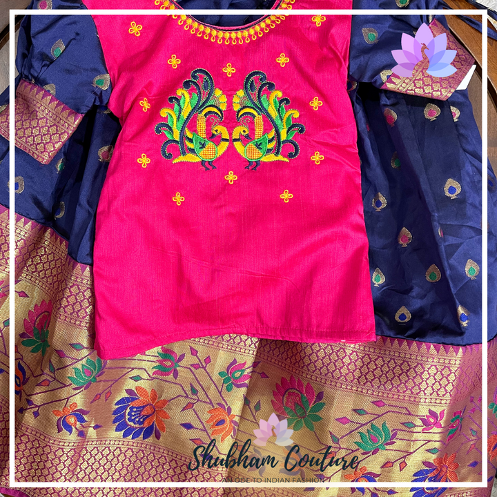 Navy blue big border art silk lehanga with pink embroidary top