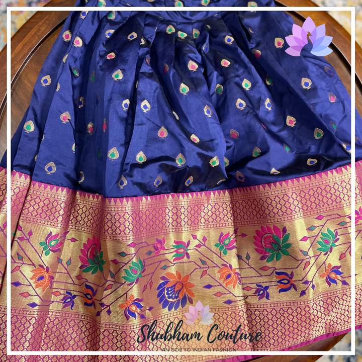 Navy blue big border art silk lehanga with pink embroidary top