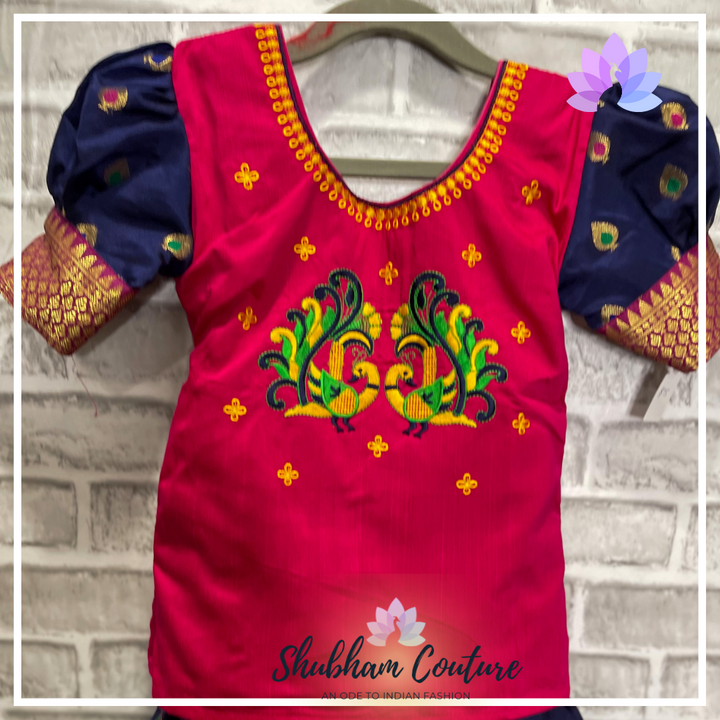 Navy blue big border art silk lehanga with pink embroidary top