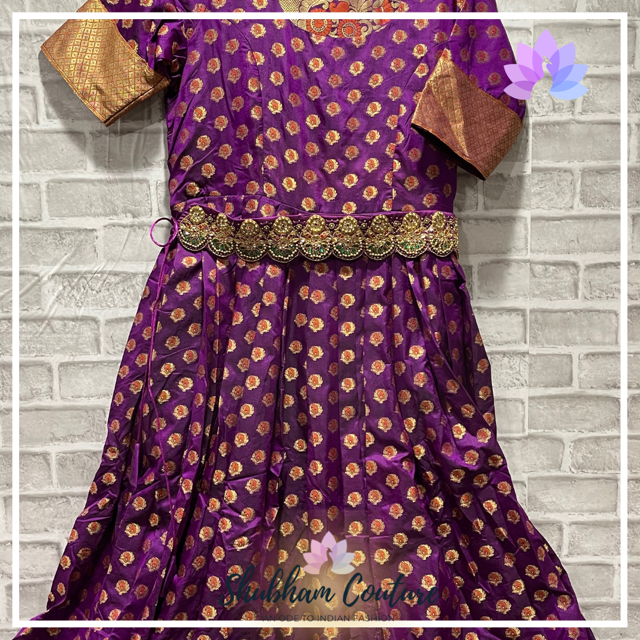 Purple brocade long dress with belt