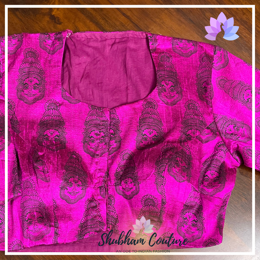 Purple raw silk blouse with ethnic print