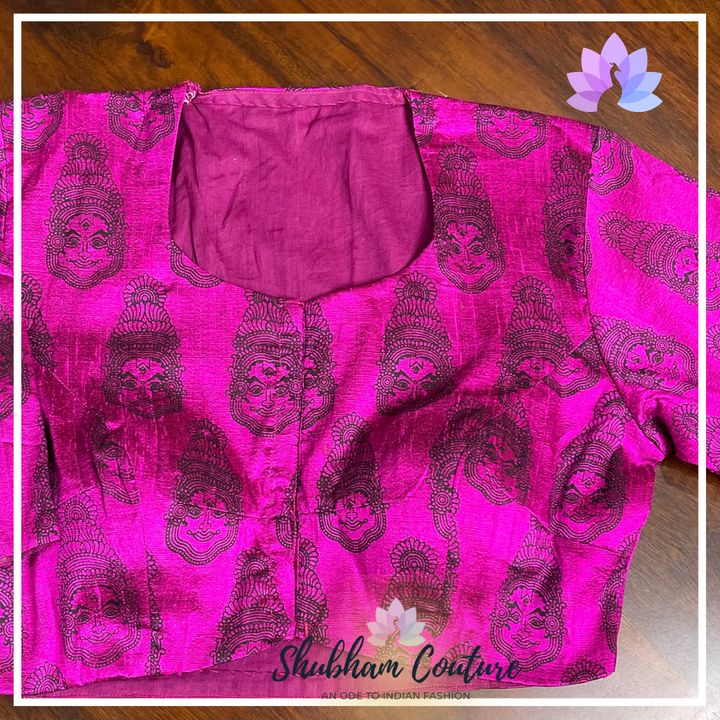 Purple raw silk blouse with ethnic print