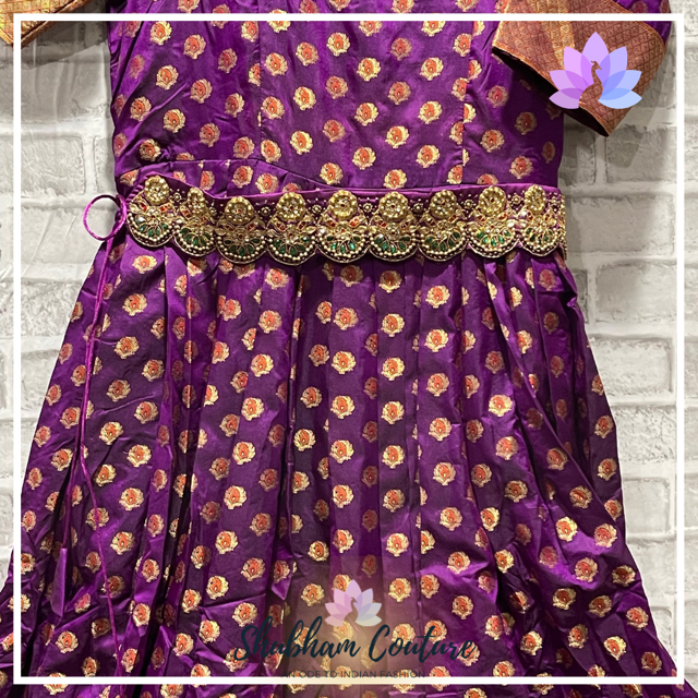 Purple brocade long dress with belt