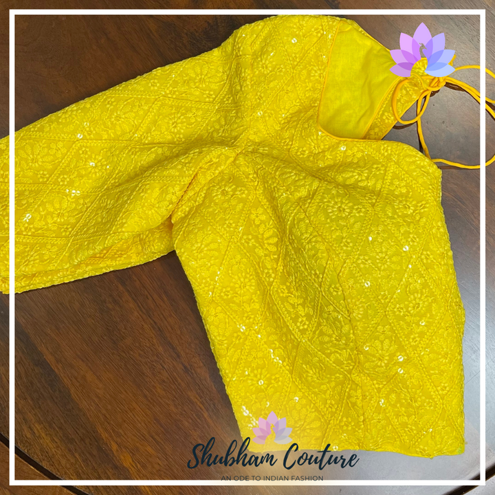 Yellow sequin threadwork blouse with long sleeves