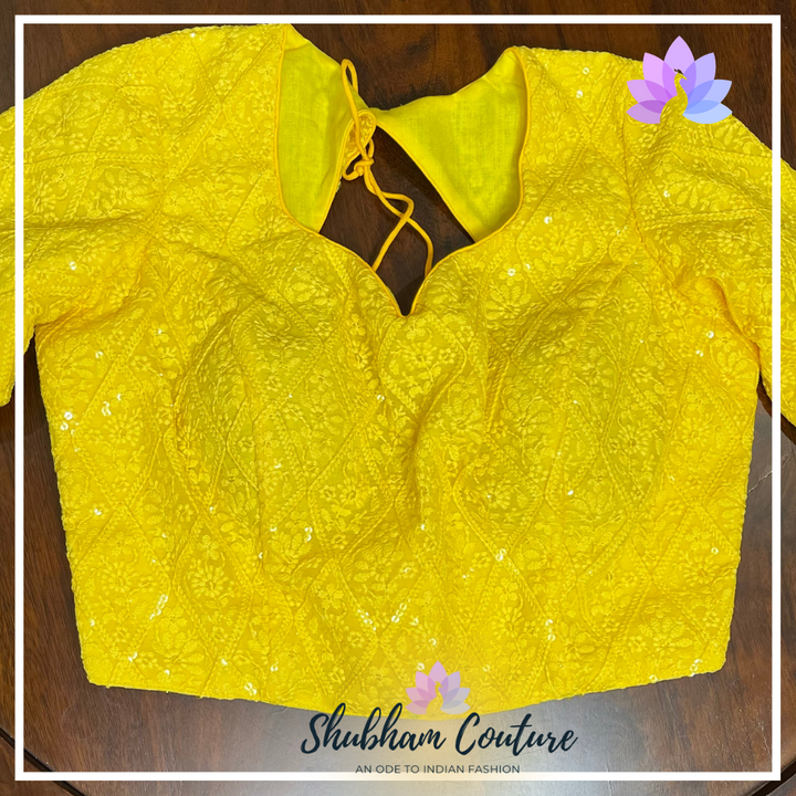 Yellow sequin threadwork blouse with long sleeves