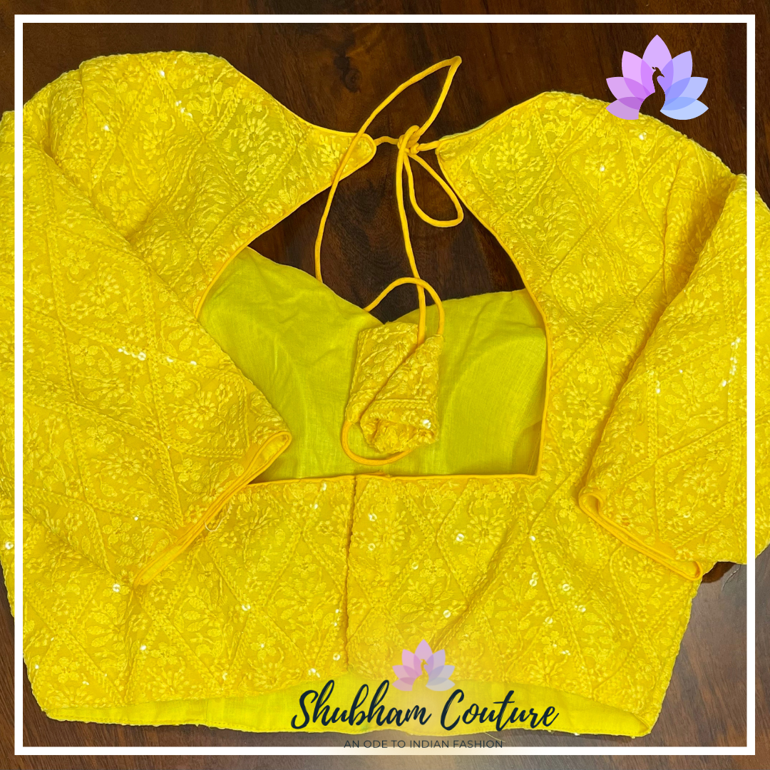 Yellow sequin threadwork blouse with long sleeves