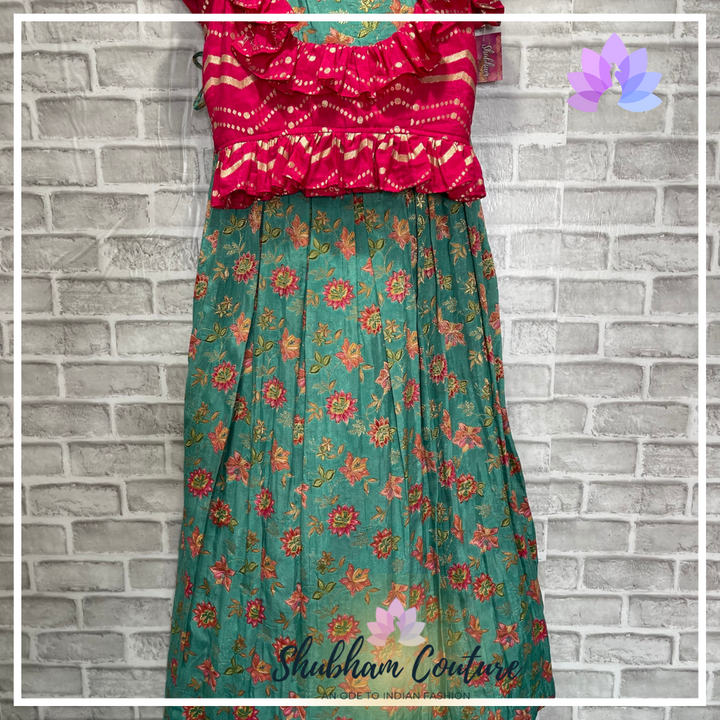 Sea green floral lehanga with pink brocade top