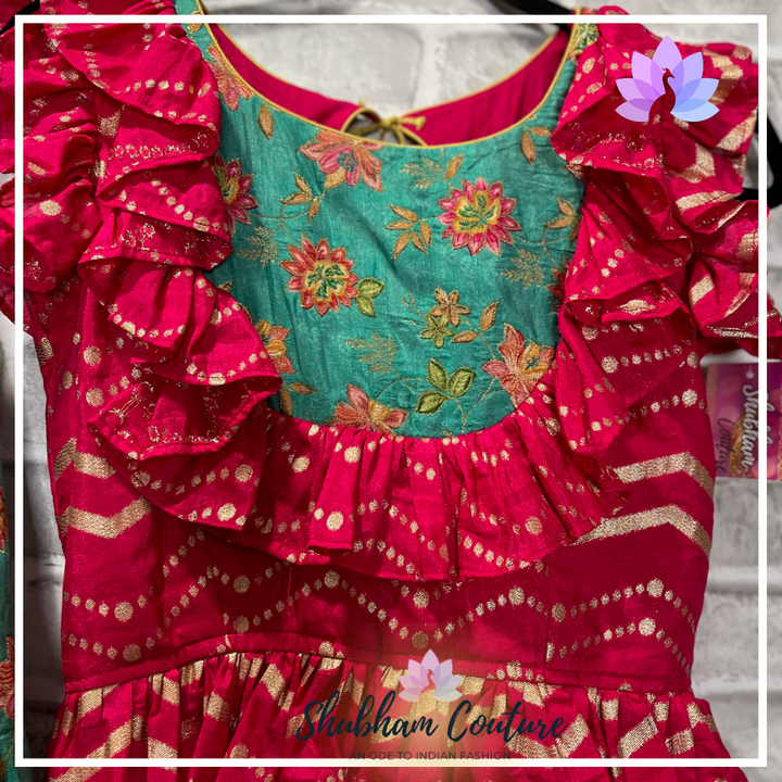 Sea green floral lehanga with pink brocade top