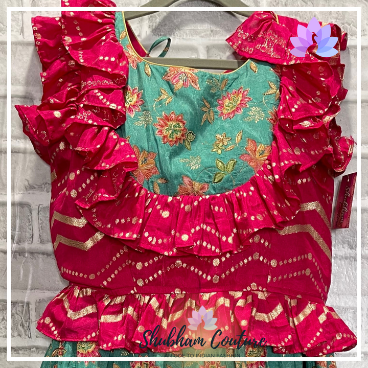 Sea green floral lehanga with pink brocade top