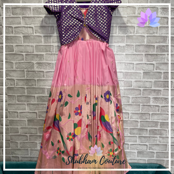 Paithani sleeveless long dress in Pink with purple overcoat