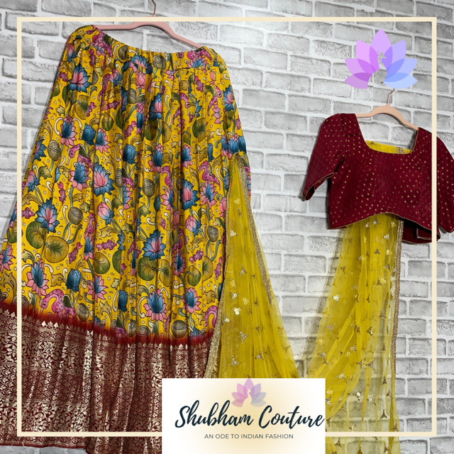 Yellow printed Kalamkari lehanga with maroon blouse