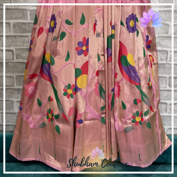 Paithani sleeveless long dress in Pink with purple overcoat