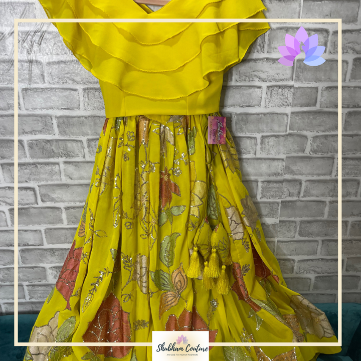 Designer fabric Yellow ruffles croptop lehanga Age 11-13