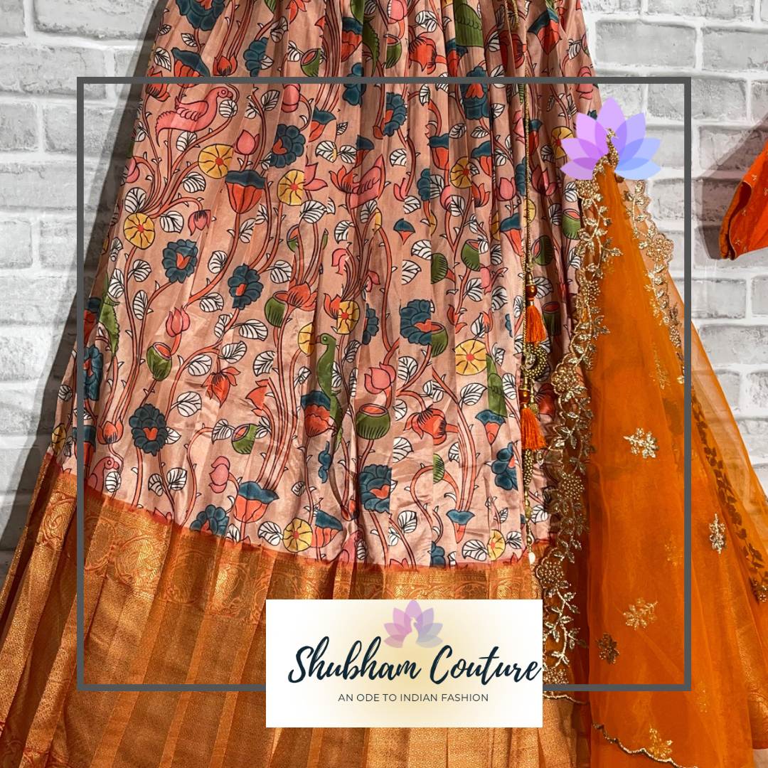 Kalamkari lehanga with orange blouse and net dupatta