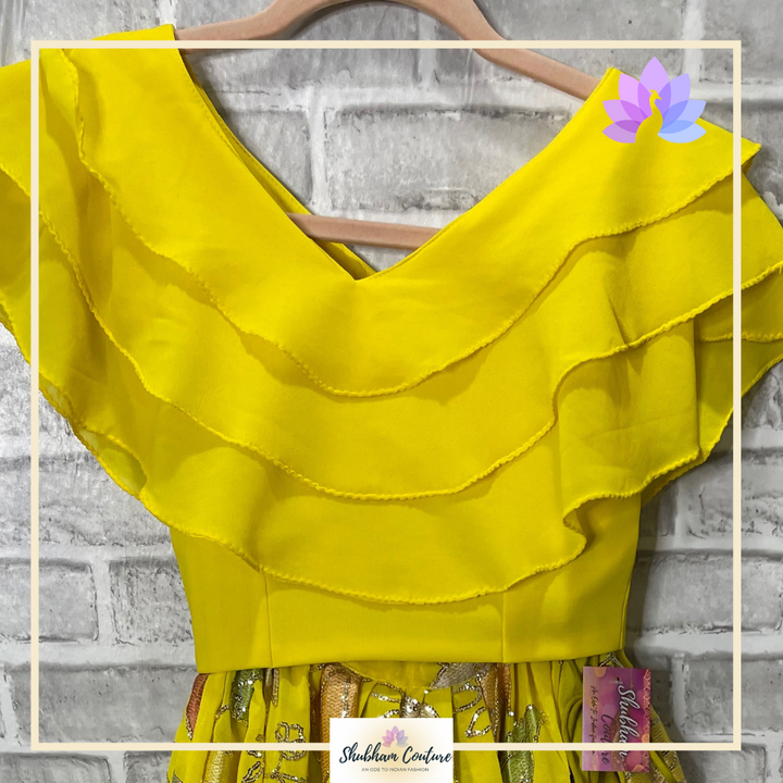 Designer fabric Yellow ruffles croptop lehanga Age 11-13