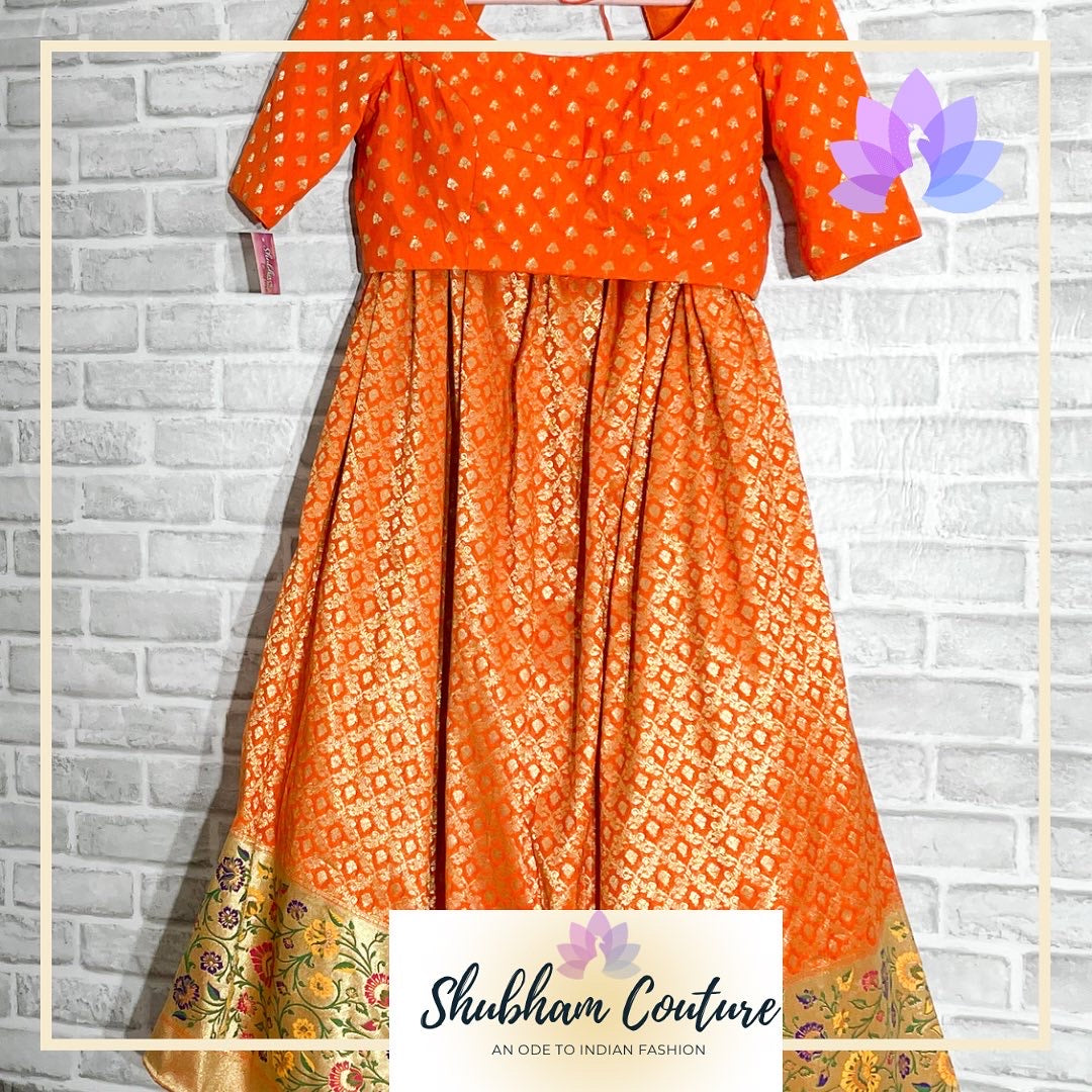 Bright orange Benarasi brocade lehanga and blouse