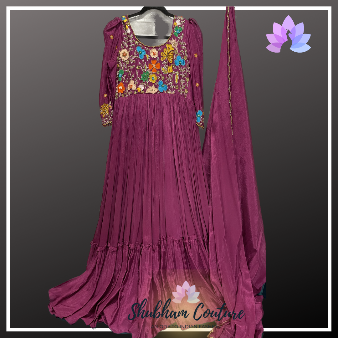 Beautiful chinon silk long dress with designer maggam work on sleeves and yoke