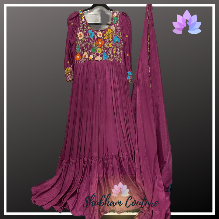 Beautiful chinon silk long dress with designer maggam work on sleeves and yoke