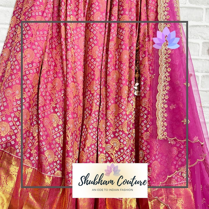 2gram gold zari Kanchipuram Lehanga in bright pink with designer work blouse and dupatta