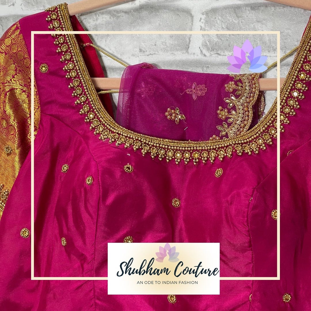 2gram gold zari Kanchipuram Lehanga in bright pink with designer work blouse and dupatta