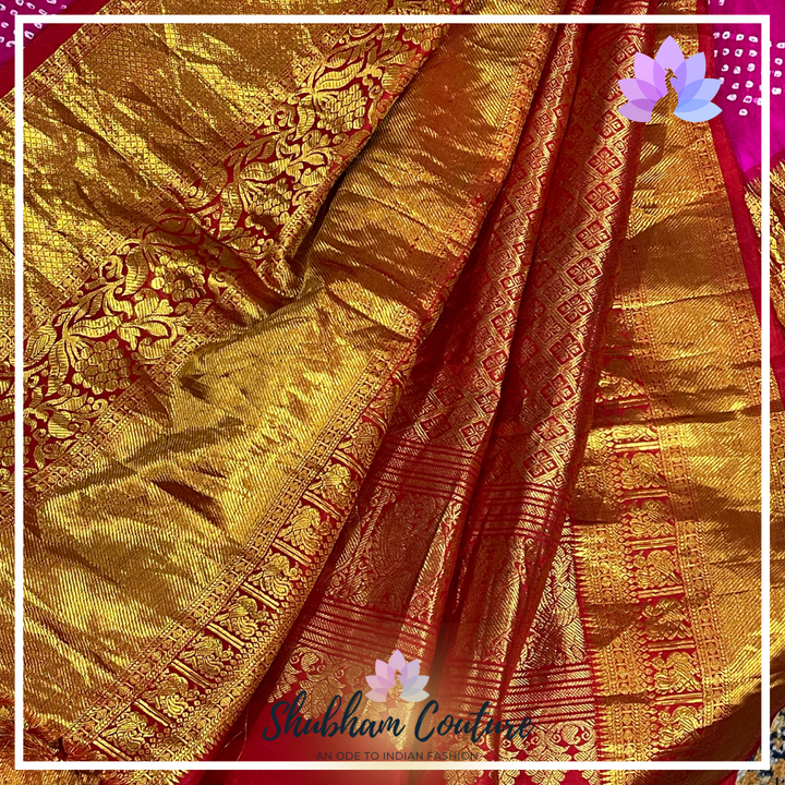 Pure Bandhani Kanchipuram Silk saree in Bright Rani pink