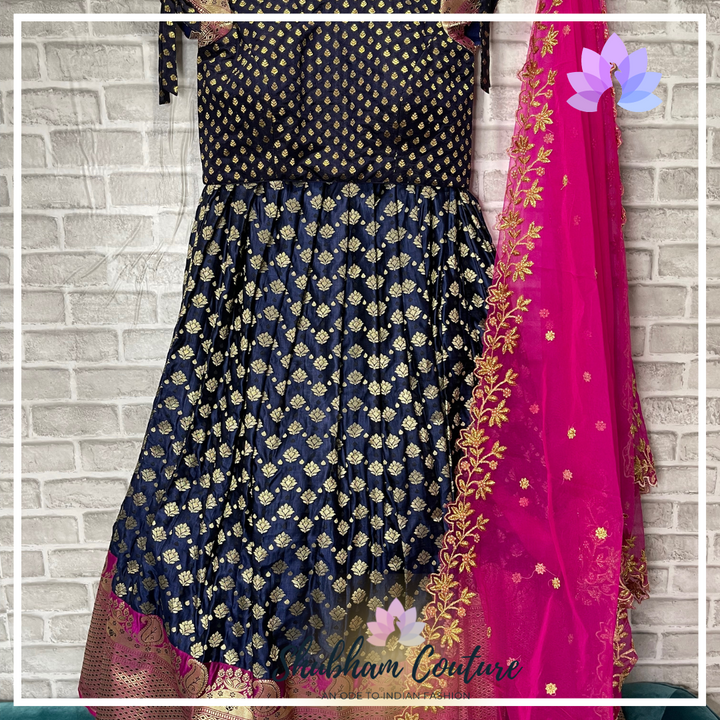 Dark blue Pure benarasi silk lehanga with tie style sleeves and pink dupatta