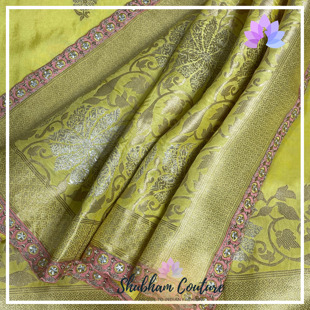 Elegant yellow semicrape saree with cutwork borders