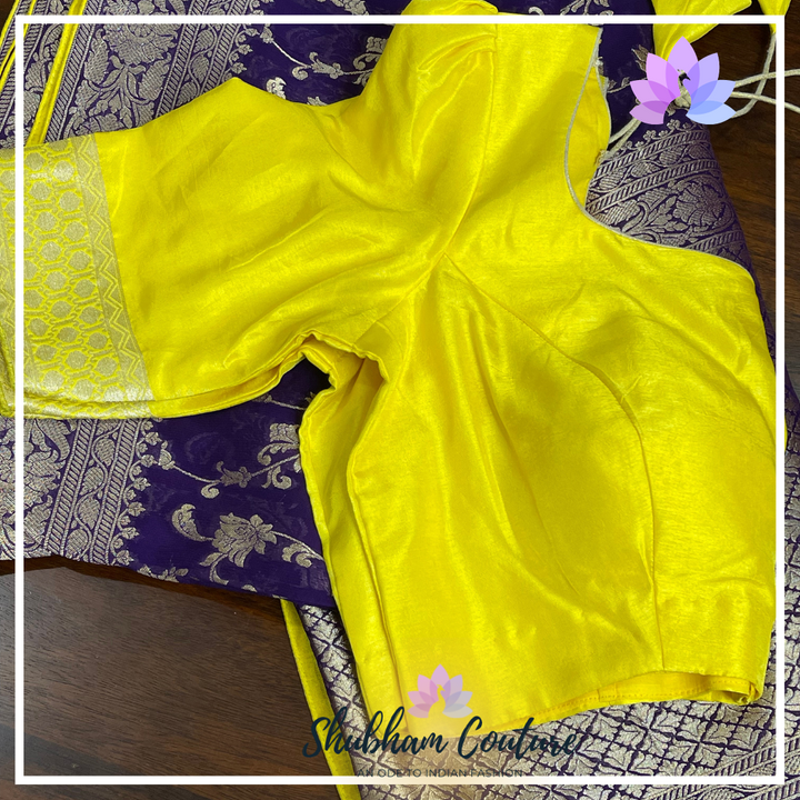 Beautiful Purple Benarasi Georgette with contrast yellow blouse