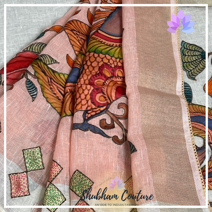 Premium Linen with Kalamkari applique work with pink border