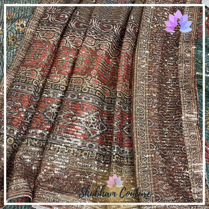 Beautiful brown and silver printed sequin saree