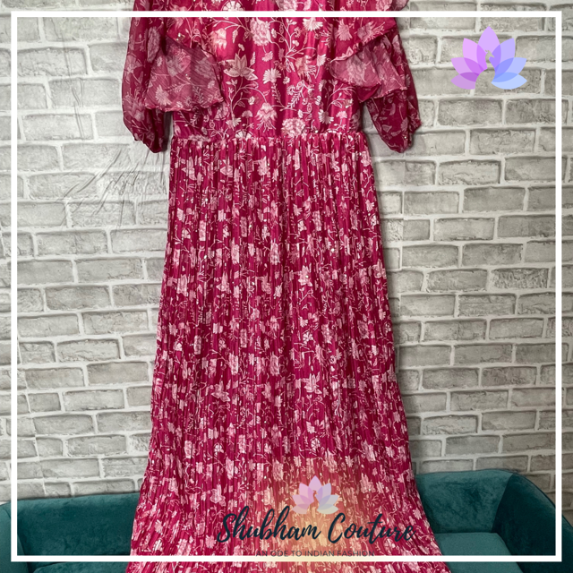 Floral pink long dress with frills on sleeves