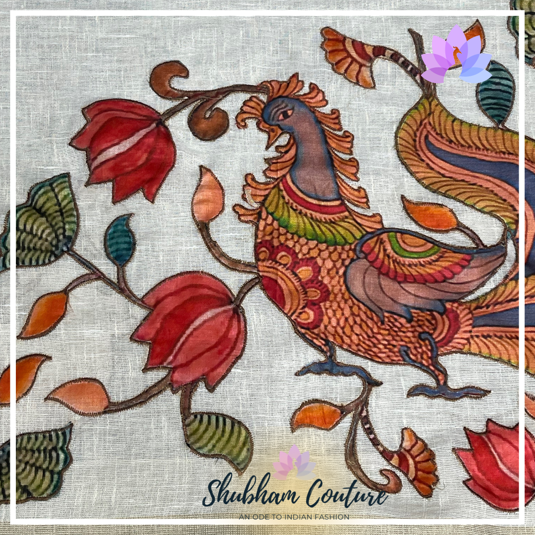 Premium Linen with Kalamkari applique work with pink border