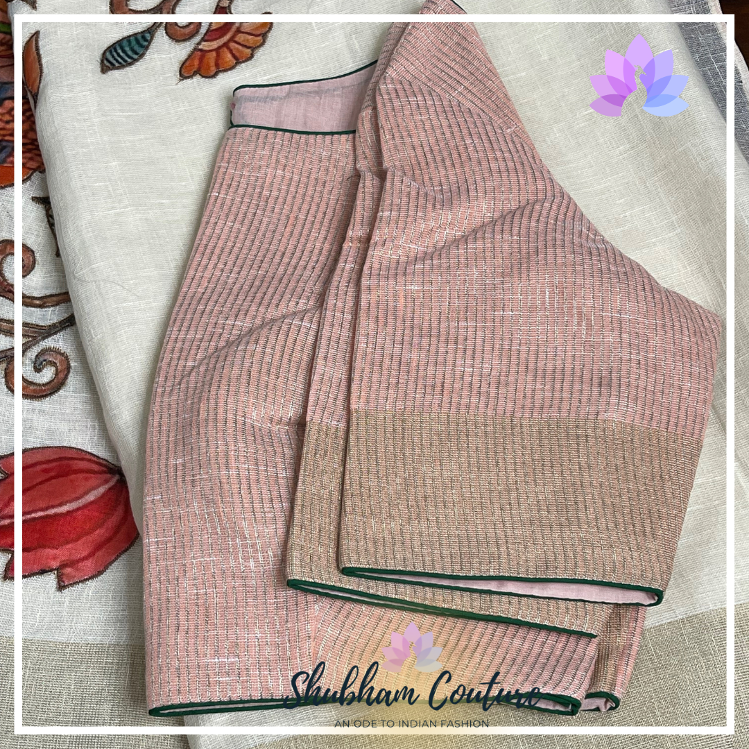 Premium Linen with Kalamkari applique work with pink border