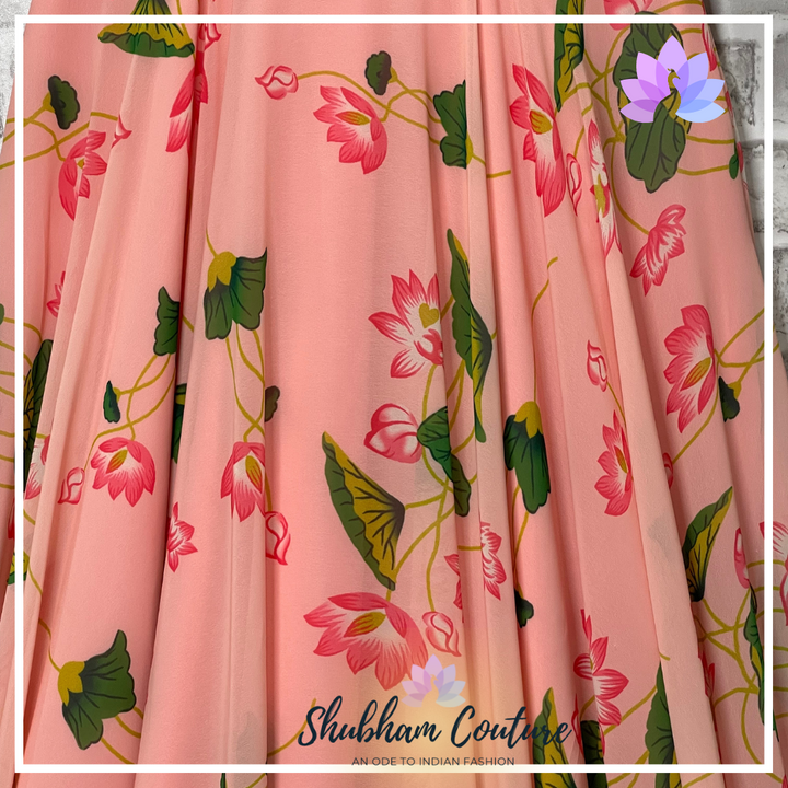 Flamingo pink lotus and leaves pichwai long dress