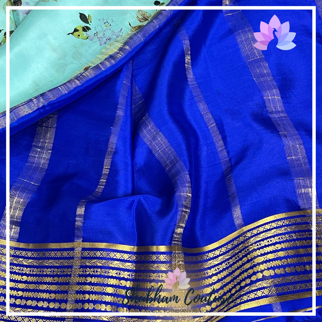 Printed cool blue pure Mysore Silk saree