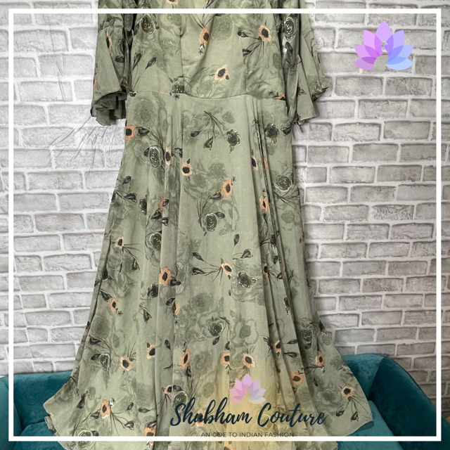 Floral pale green printed long dress