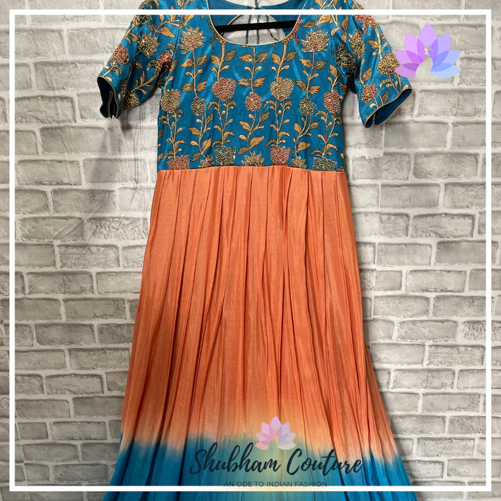 Orange Blue dual color long dress with Kalamkari design on the top