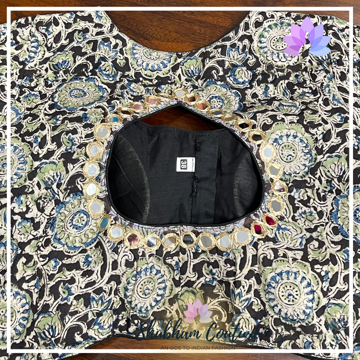 Black and brown kalamkari blouse with mirror on the back