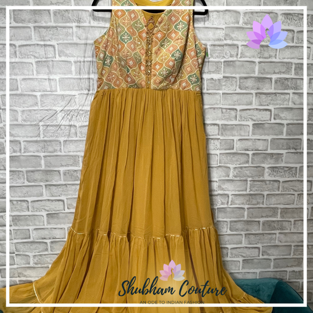 Mustard yellow long dress with work on yoke