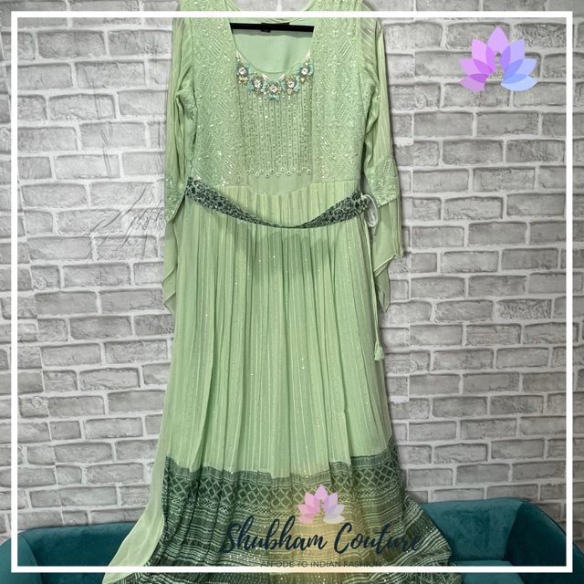 Green long dress with work and tieback belts