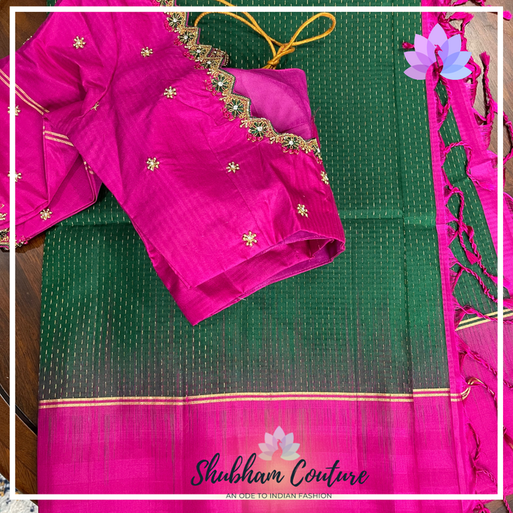 Bottle green pure kanchi silk saree with contrast work blouse waterdrops