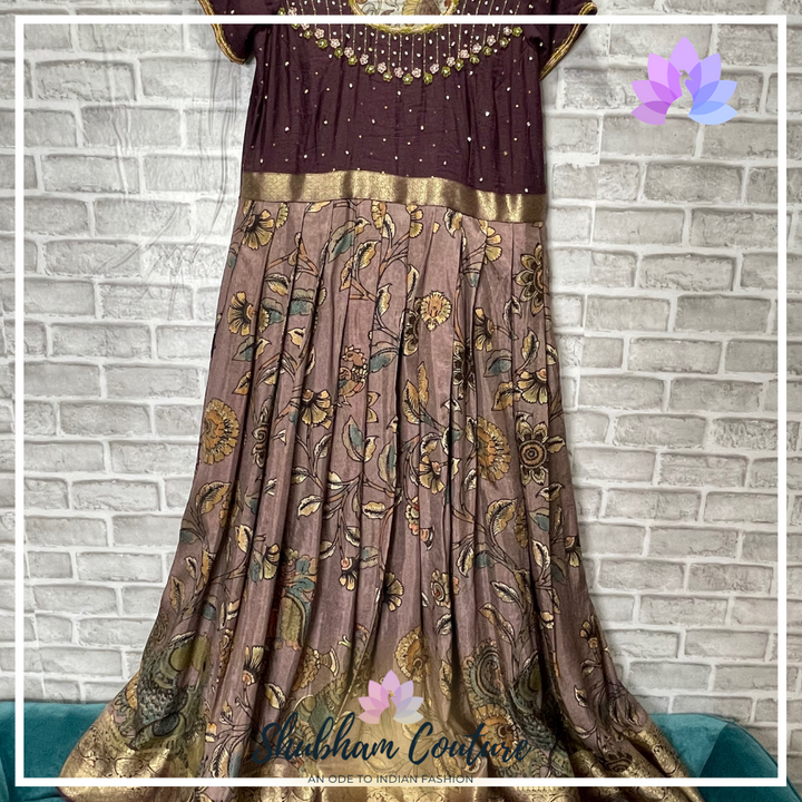 Brown Satin Kalamkari printed long dress