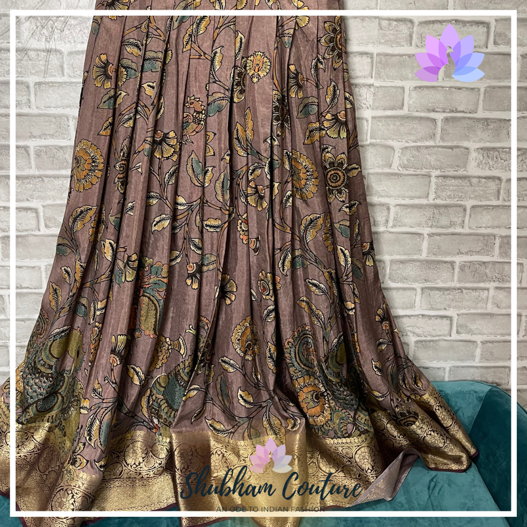 Brown Satin Kalamkari printed long dress