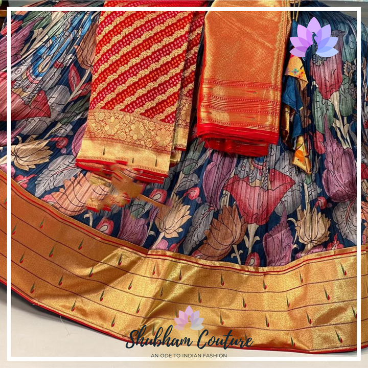 Blue Kalamkari ruffles lehanga with Paithani border