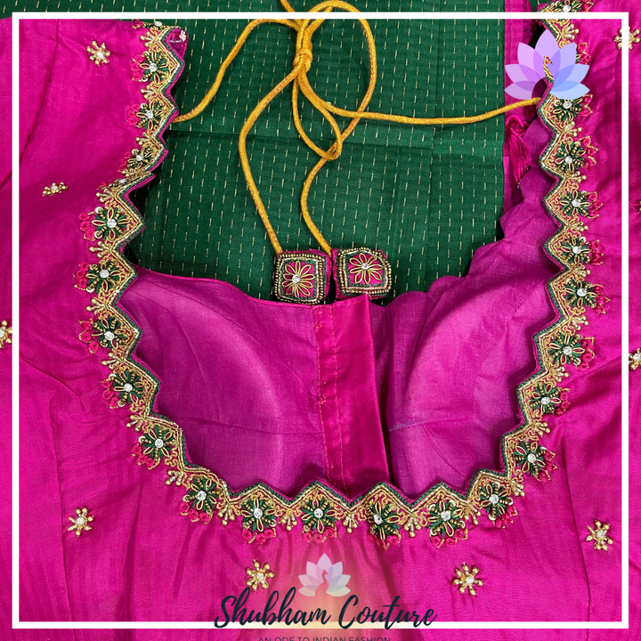 Bottle green pure kanchi silk saree with contrast work blouse waterdrops