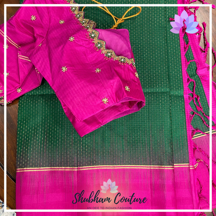 Bottle green pure kanchi silk saree with contrast work blouse waterdrops