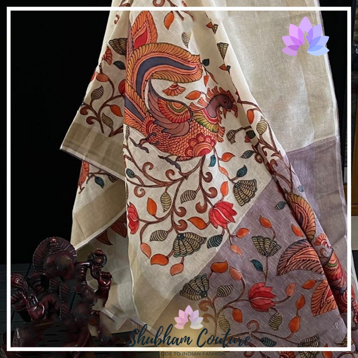 Premium Linen with Kalamkari applique work with purple border